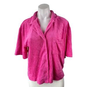 NEW Gap Women Pink Short Sleeve Towel Terry Pocket Button Down Shirt Top Size M